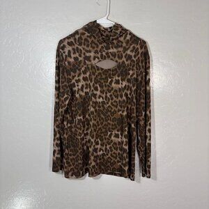 Clara Sun Woo Shirt Womens XL Brown Leopard Print Cowl Neck Tunic Top Stretch